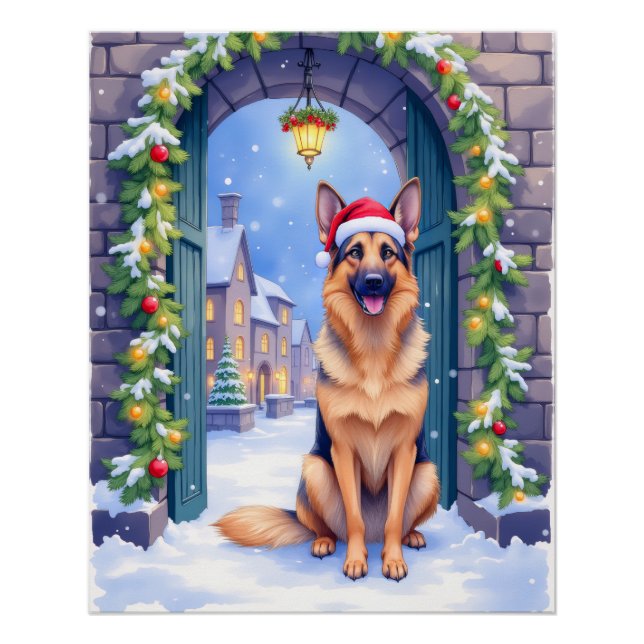 German Shepherd Snowy Town Gate Santa Christmas Poster (Front)