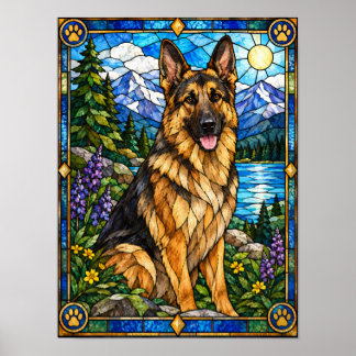 German Shepherd Stained Glass Alpine Nature Poster