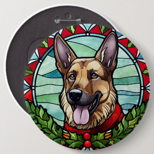 German Shepherd Stained Glass Christmas 6 Cm Round Badge