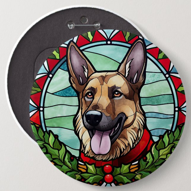 German Shepherd Stained Glass Christmas 6 Cm Round Badge (Front & Back)