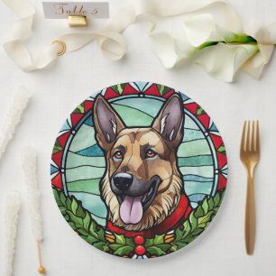 German Shepherd Stained Glass Christmas Paper Plate