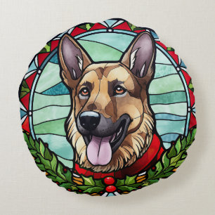 German Shepherd Stained Glass Christmas Round Cushion