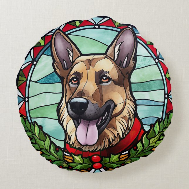 German Shepherd Stained Glass Christmas Round Cushion (Back)