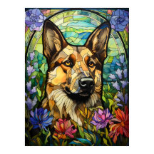 German Shepherd Stained Glass Floral Window Art