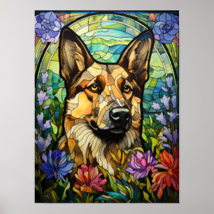 German Shepherd Stained Glass Floral Window Art Poster