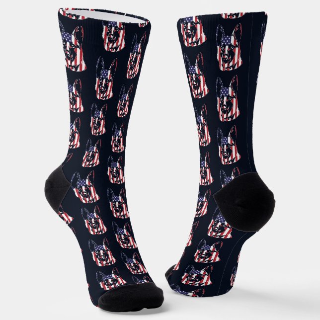 German Shepherd Style Dog USA Flag Socks (Angled)
