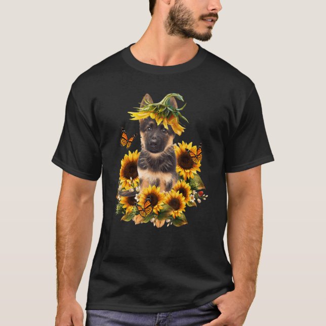 German Shepherd Sunflower Butterfly Cute Dog T-Shirt (Front)