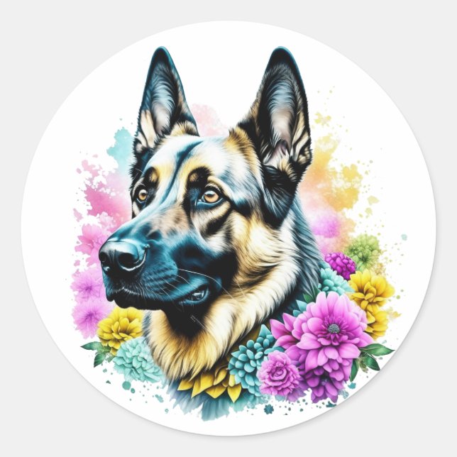 German Shepherd surrounded by Flowers Classic Round Sticker (Front)