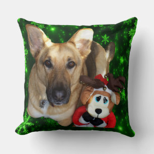 German Shepherd, Toy Reindeer, Green Snowflakes Cushion