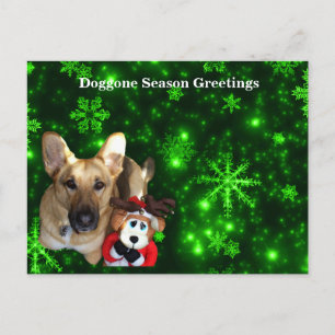 German Shepherd, Toy Reindeer, Green Snowflakes Holiday Postcard