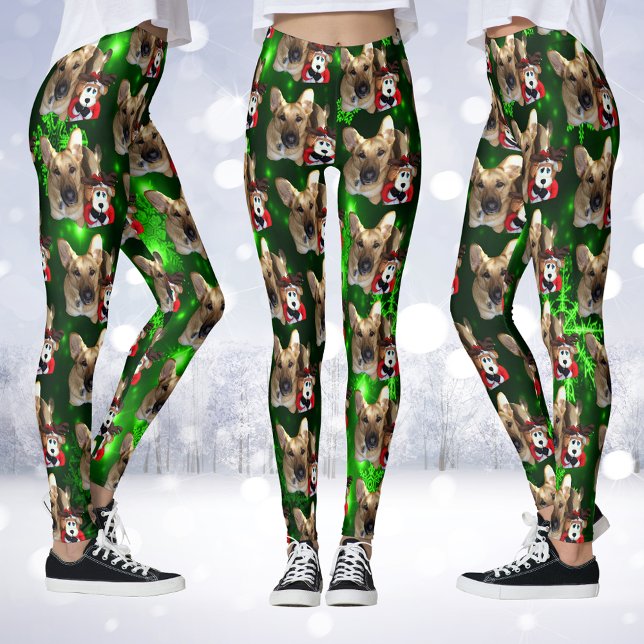 German Shepherd, Toy Reindeer, Green Snowflakes Leggings (German Shepherd, Toy Reindeer, Green Snowflakes Leggings)