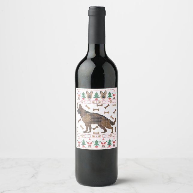 German Shepherd Ugly Christmas Holiday Dog Lover X Wine Label (Front)