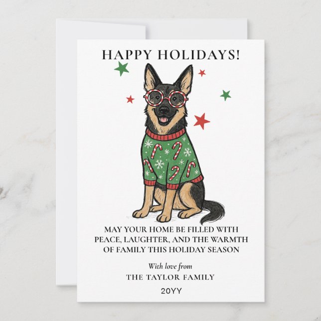 German Shepherd Ugly Sweater Candy Cane Glasses Holiday Card (Front)