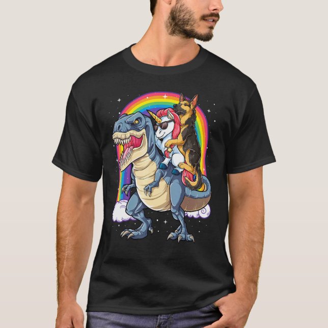 German Shepherd Unicorn Riding Dinosaur T Rex  Gir T-Shirt (Front)