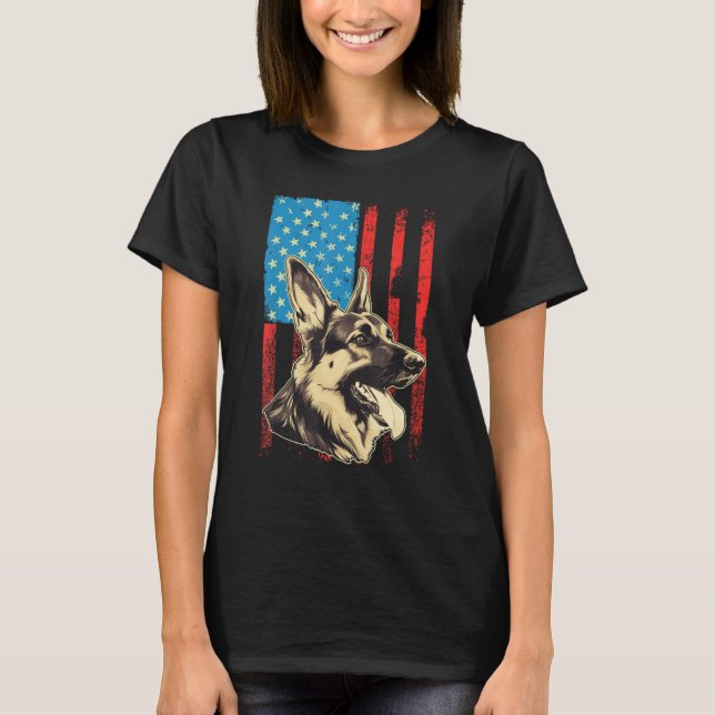 German Shepherd USA American Flag 4th of July Grun T-Shirt (Front)