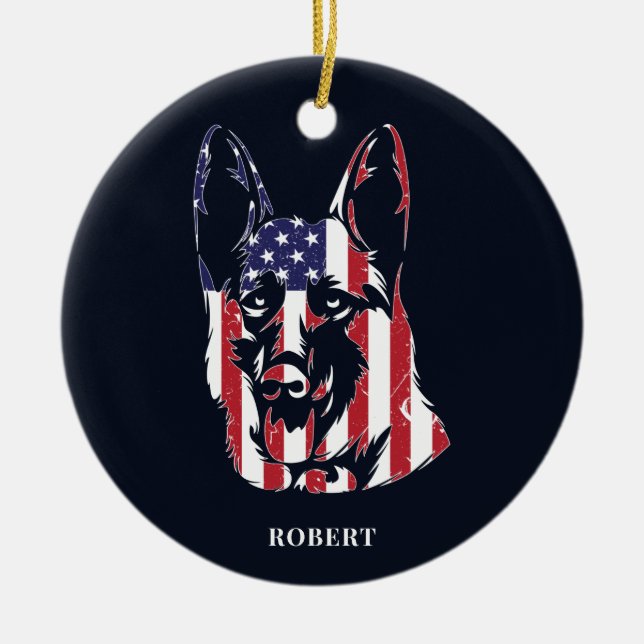 German Shepherd USA Flag Custom Ceramic Tree Decoration (Front)