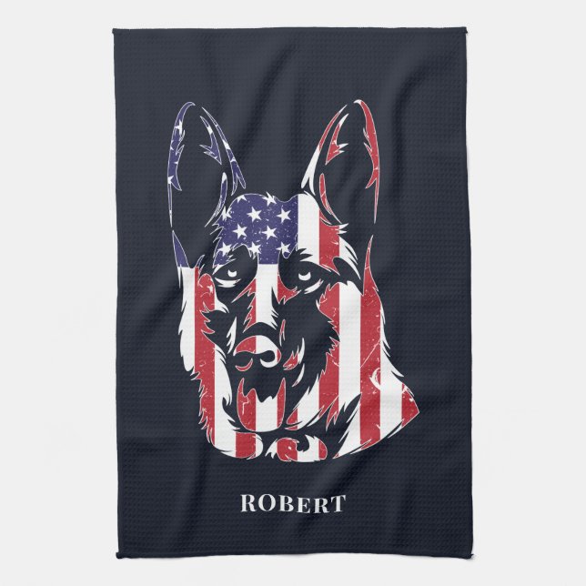 German Shepherd USA Flag Custom Tea Towel (Vertical)