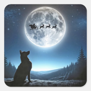 German Shepherd Watching Santa Claus and Reindeer Square Sticker
