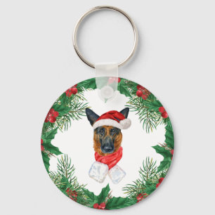 German Shepherd Watercolor Christmas Pine Branches Key Ring