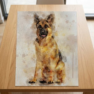 German Shepherd Watercolor Dog Portrait Art Jigsaw Puzzle