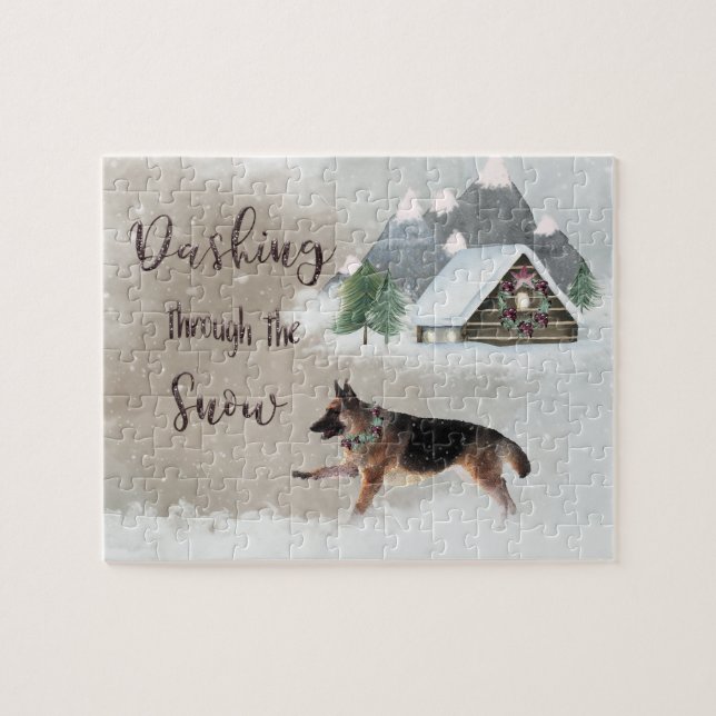 German Shepherd Watercolor Happy Holiday Scene Jigsaw Puzzle (Horizontal)