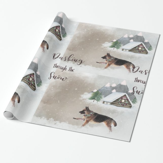 German Shepherd Watercolor Happy Holiday Scene Wrapping Paper (Unrolled)