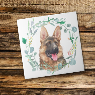 German Shepherd Watercolor Wreath Ceramic Tile