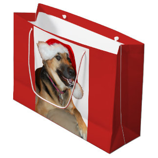German Shepherd wearing a Santa Claus Hat Large Gift Bag