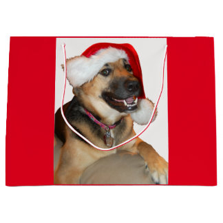 German Shepherd wearing a Santa Claus Hat Large Gift Bag