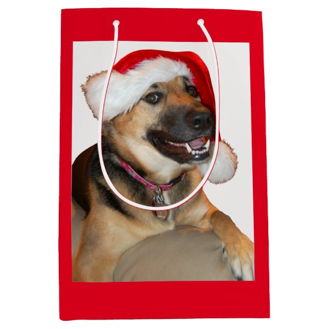 German Shepherd wearing a Santa Claus Hat Medium Gift Bag (Front)