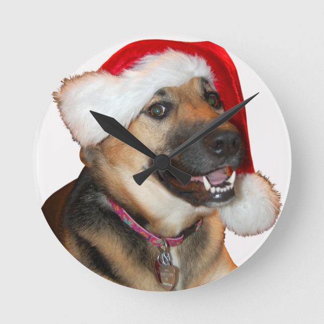 German Shepherd wearing a Santa Claus Hat Round Clock (Front)