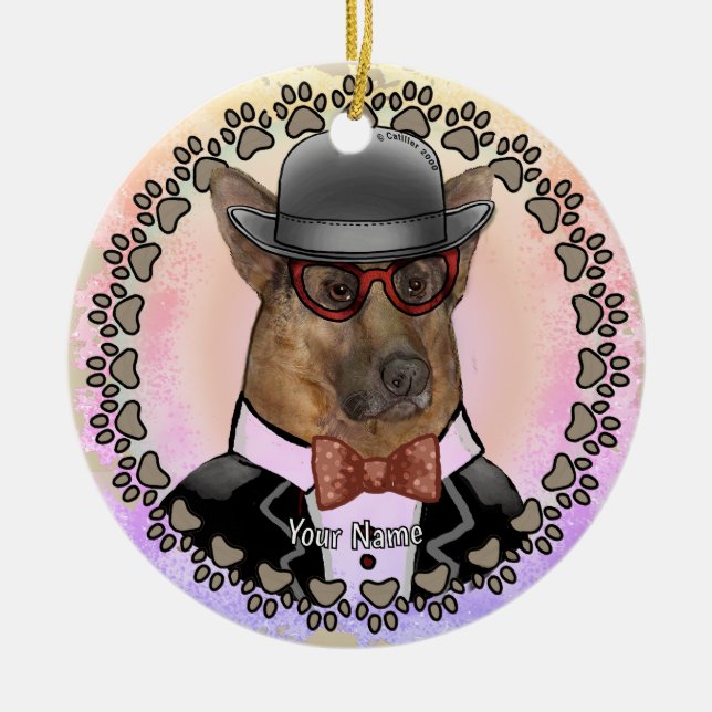German Shepherd Wearing Glasses  Ceramic Tree Decoration (Front)