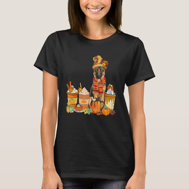 German Shepherd Wearing Hat With Coffee Cups Fall  T-Shirt (Front)