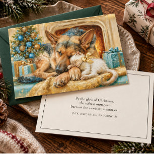 German Shepherd White Kitten Sleeping Christmas Holiday Card
