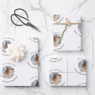 German Shepherd white photo Life is Better Wrapping Paper Sheet