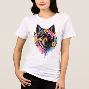 German Shepherd Wildflower Crown Floral Dog  Tri-Blend Shirt