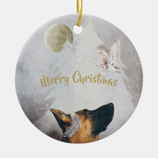 German Shepherd Winter Watercolor Holiday Ceramic Tree Decoration