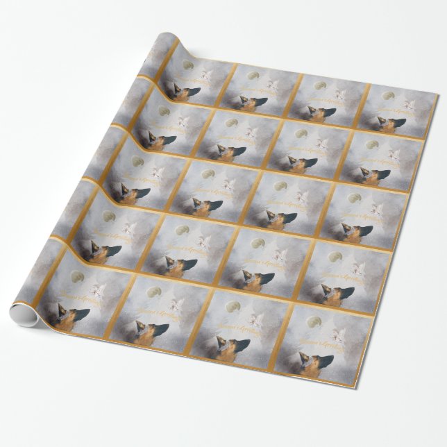German Shepherd Winter Watercolor Holiday Gold Wrapping Paper (Unrolled)