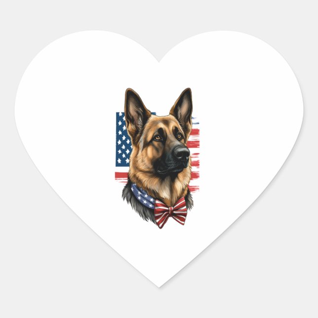 German Shepherd with American Flag  Heart Sticker (Front)