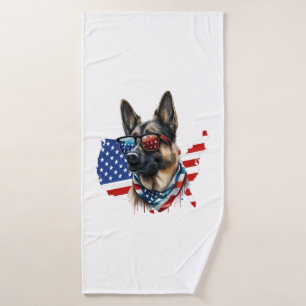 German Shepherd with American Flag I Love a Dog Bath Towel