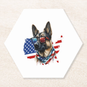 German Shepherd with American Flag I Love a Dog Paper Coaster