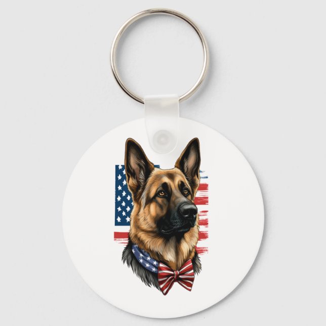 German Shepherd with American Flag  Key Ring (Front)