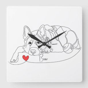 German Shepherd with Ball Line Art with Name Square Wall Clock