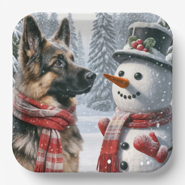 German Shepherd With Christmas Snowman Paper Plate (Front)