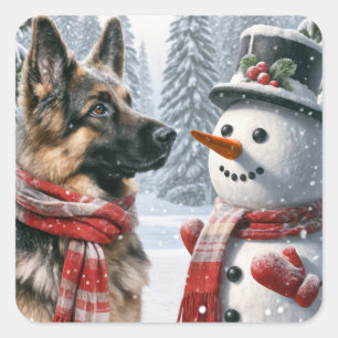 German Shepherd With Christmas Snowman Square Sticker
