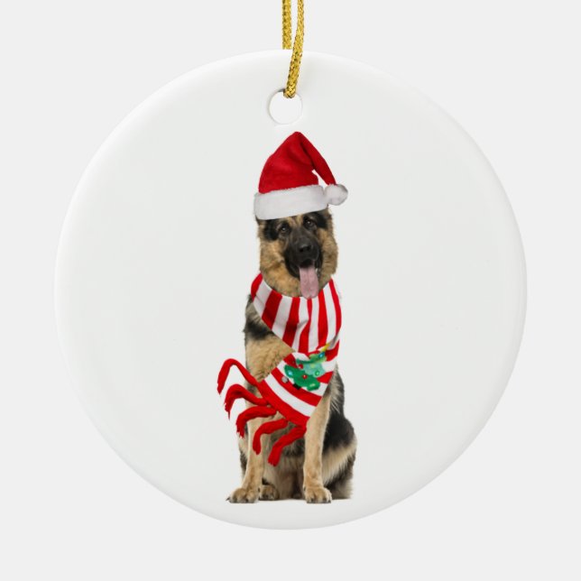 German Shepherd With Hat Scaft Christmas Ceramic Tree Decoration (Front)