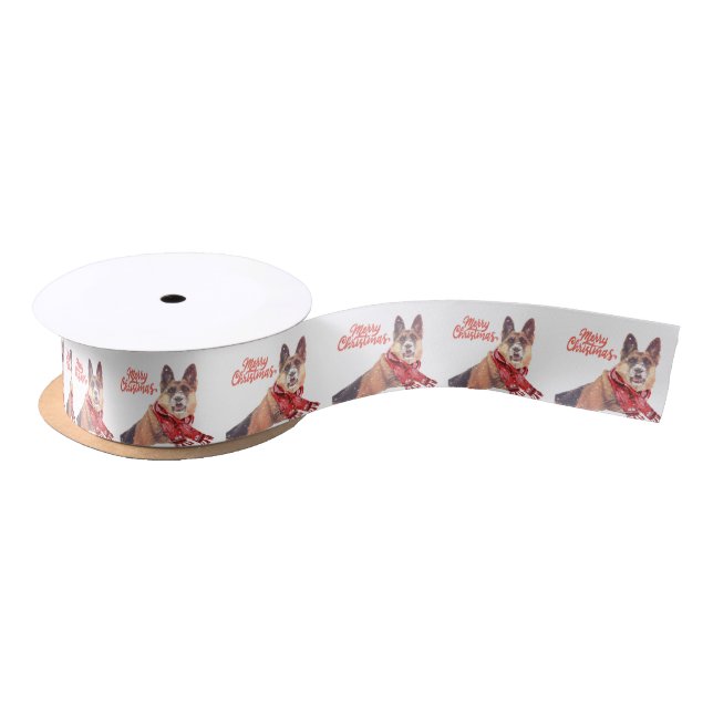 German Shepherd with Holiday Scarf Satin Ribbon (Spool)