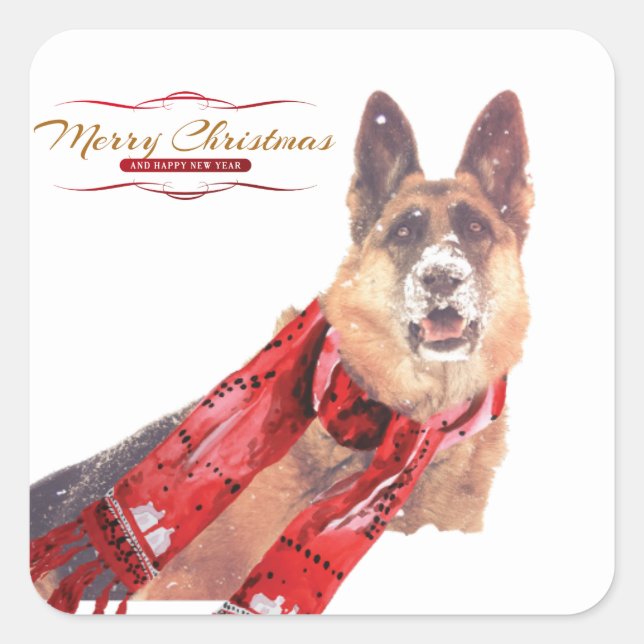 German Shepherd with Holiday Scarf Square Sticker (Front)