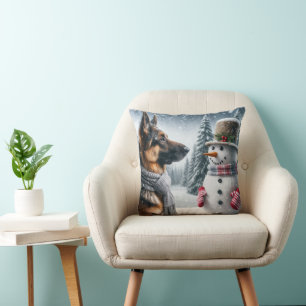 German Shepherd With Holiday Snowman Cushion