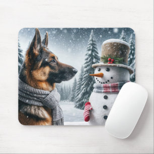 German Shepherd With Holiday Snowman Mouse Mat